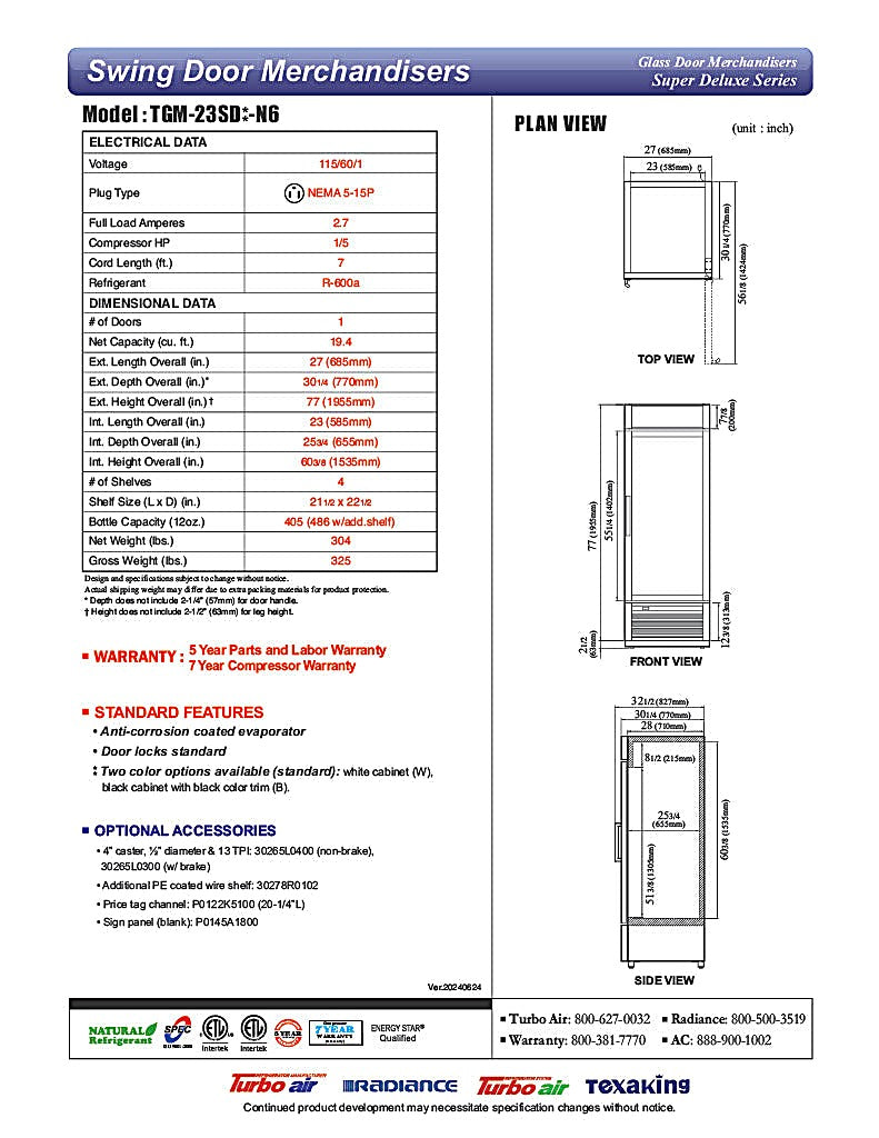 Turbo Air TGM-23SD-N6 27" White Super Deluxe Glass Door Refrigerator – LED Lighting, Front Access, Swing Door, 115v - Donut-Equipment.com