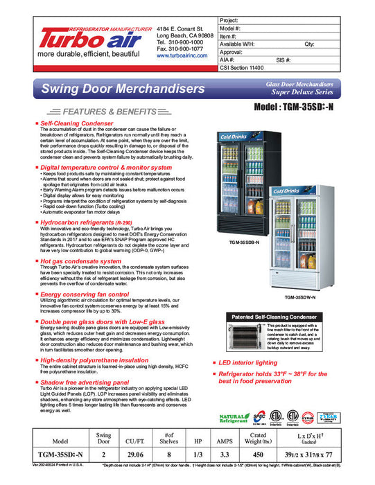 Turbo Air TGM-35SD-N 39 1/2" White Super Deluxe Glass Door Refrigerator – Two Swing Doors, LED Lighting, 115v - Bakery Wholesalers