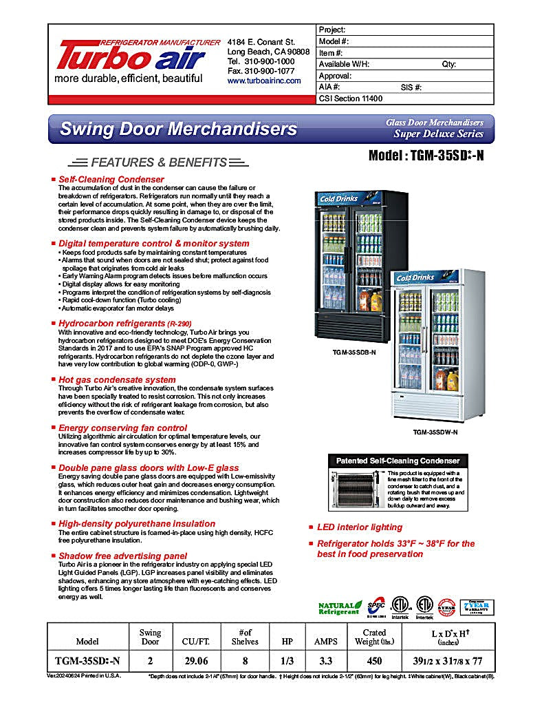 Turbo Air TGM-35SD-N 39 1/2" White Super Deluxe Glass Door Refrigerator – Two Swing Doors, LED Lighting, 115v - Donut-Equipment.com