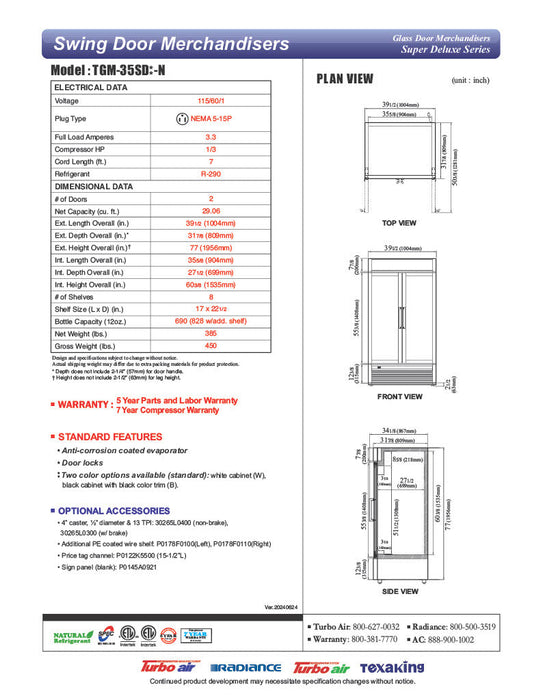 Turbo Air TGM-35SD-N 39 1/2" White Super Deluxe Glass Door Refrigerator – Two Swing Doors, LED Lighting, 115v - Bakery Wholesalers