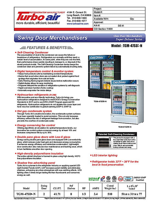 Turbo Air TGM-47SD-N 51" White Super Deluxe Glass Door Refrigerator – Two Swing Doors, Energy-Efficient LED Lighting, 115v - Donut-Equipment.com