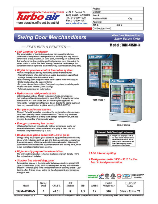 Turbo Air TGM-47SD-N 51" White Super Deluxe Glass Door Refrigerator – Two Swing Doors, Energy-Efficient LED Lighting, 115v - Donut-Equipment.com