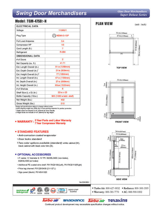 Turbo Air TGM-47SD-N 51" White Super Deluxe Glass Door Refrigerator – Two Swing Doors, Energy-Efficient LED Lighting, 115v - Donut-Equipment.com