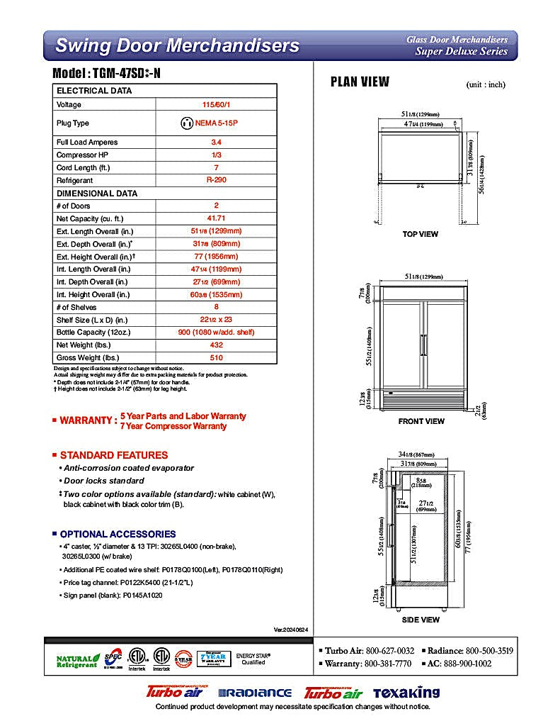 Turbo Air TGM-47SD-N 51" White Super Deluxe Glass Door Refrigerator – Two Swing Doors, Energy-Efficient LED Lighting, 115v - Donut-Equipment.com