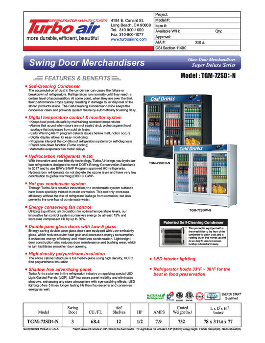 Turbo Air TGM-72SD-N 78" White Super Deluxe Glass Door Refrigerator – Three Swing Doors, LED Lighting, 115v - Bakery Wholesalers