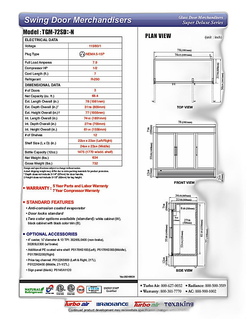 Turbo Air TGM-72SD-N 78" White Super Deluxe Glass Door Refrigerator – Three Swing Doors, LED Lighting, 115v - Donut-Equipment.com