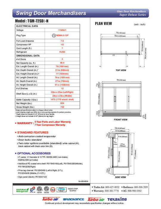 Turbo Air TGM-72SD-N 78" White Super Deluxe Glass Door Refrigerator – Three Swing Doors, LED Lighting, 115v - Bakery Wholesalers