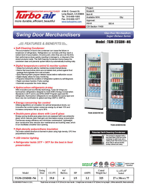Turbo Air TGM-23SDHB-N6 27" Black Super Deluxe Glass Door Refrigerator – Hinged Door, LED Lighting, 115v - Bakery Wholesalers