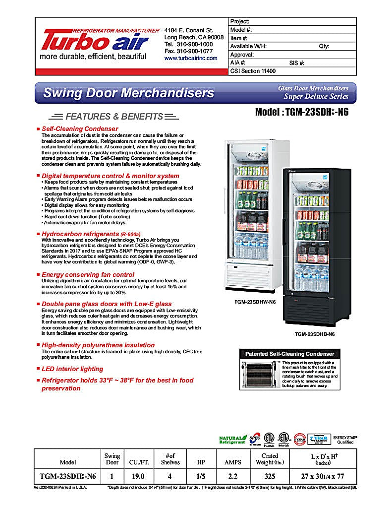 Turbo Air TGM-23SDH-N6 27" White Super Deluxe Glass Door Refrigerator – Hinged Door, LED Lighting, 115v - Donut-Equipment.com