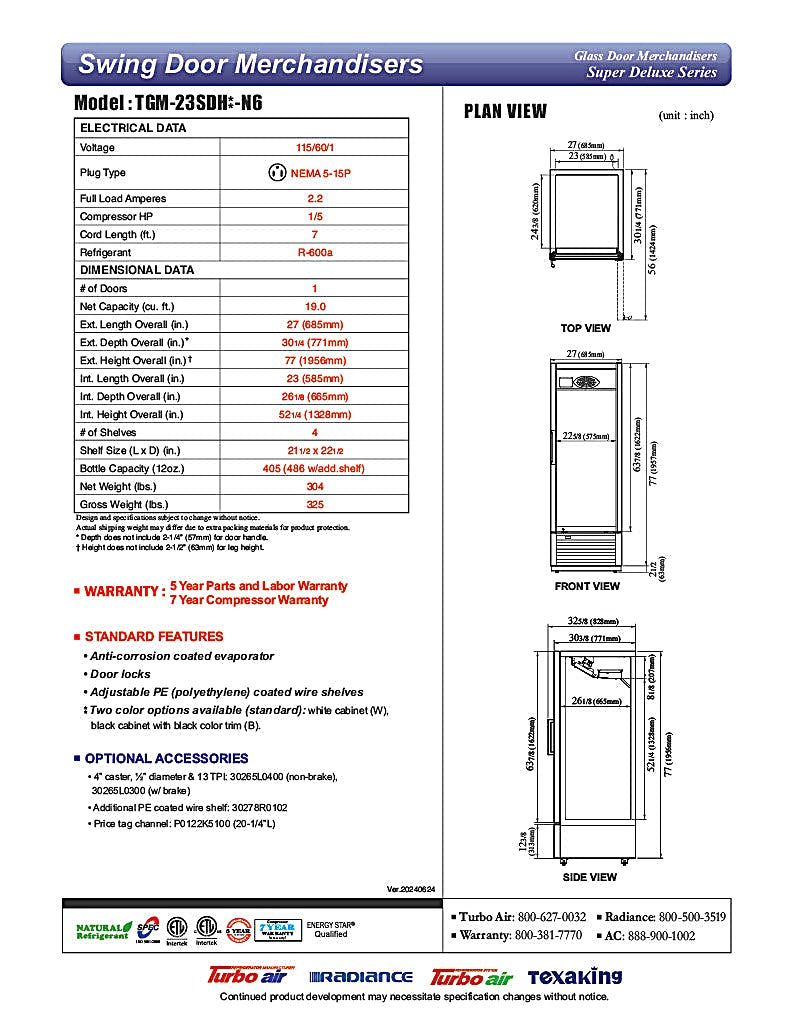 Turbo Air TGM-23SDH-N6 27" White Super Deluxe Glass Door Refrigerator – Hinged Door, LED Lighting, 115v - Donut-Equipment.com
