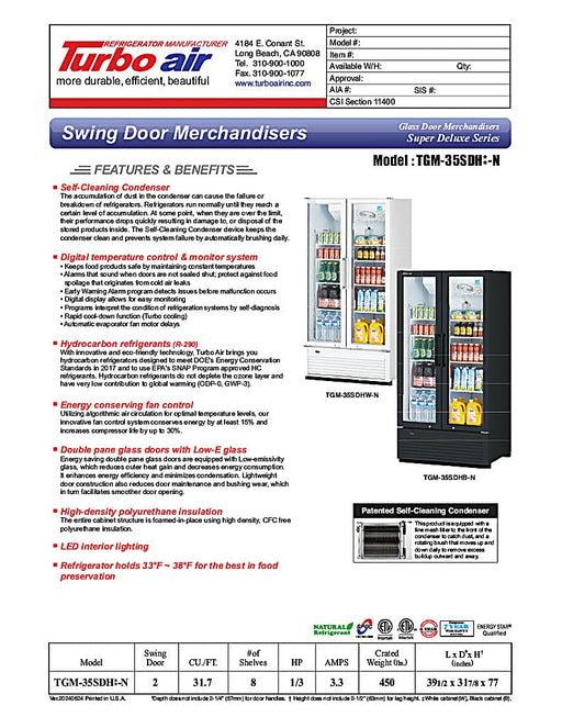 Turbo Air TGM-35SDH-N 39 1/2" White Super Deluxe Two Section Glass Door Merchandiser – (2) Left/Right Hinge Doors, 115v - Donut-Equipment.com