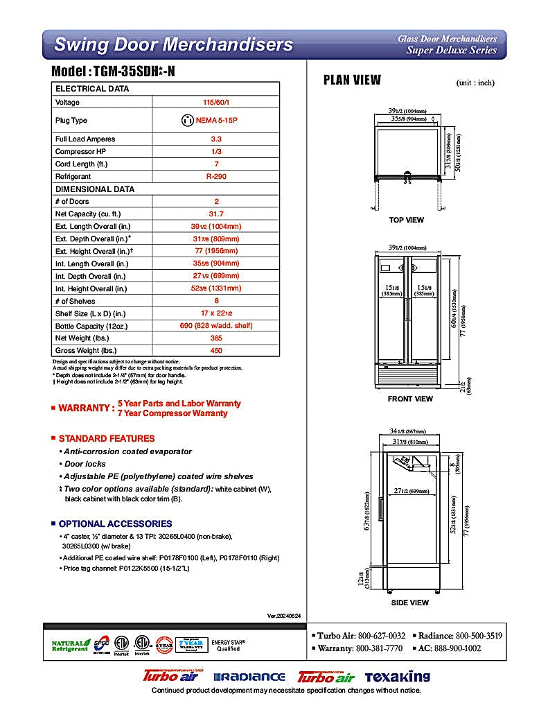 Turbo Air TGM-35SDH-N 39 1/2" White Super Deluxe Two Section Glass Door Merchandiser – (2) Left/Right Hinge Doors, 115v - Donut-Equipment.com