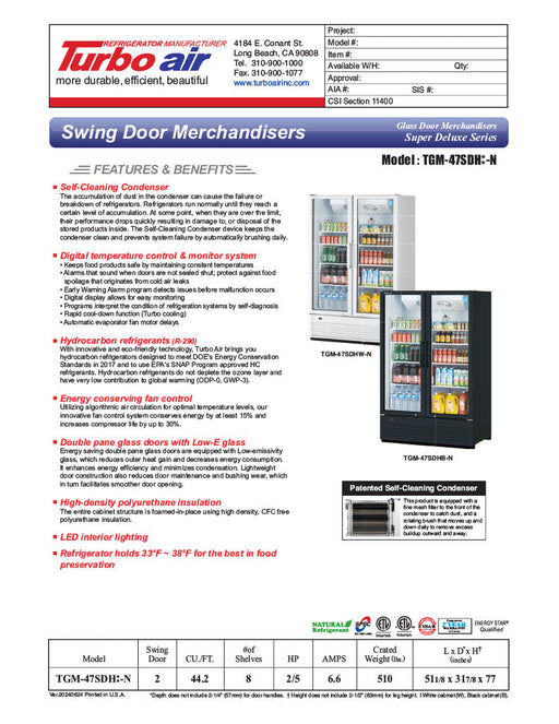 Turbo Air TGM-47SDH-N 51" White Super Deluxe Two Section Glass Door Merchandiser – (2) Left/Right Hinge Doors, 115v - Bakery Wholesalers