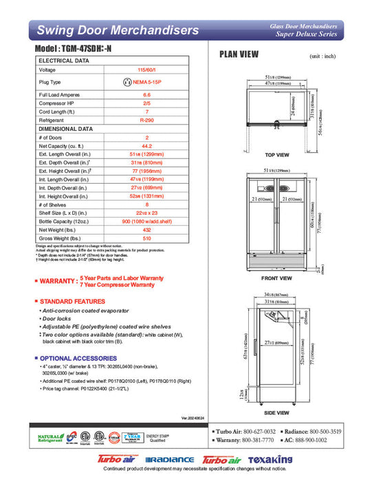 Turbo Air TGM-47SDH-N 51" White Super Deluxe Two Section Glass Door Merchandiser – (2) Left/Right Hinge Doors, 115v - Donut-Equipment.com