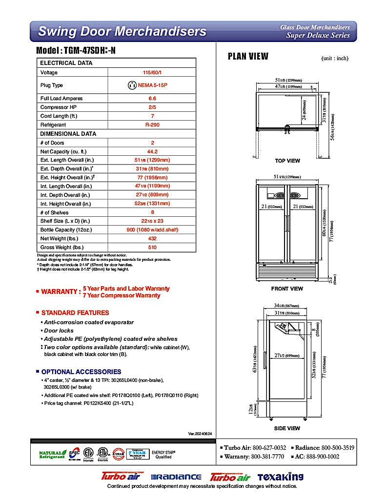 Turbo Air TGM-47SDH-N 51" White Super Deluxe Two Section Glass Door Merchandiser – (2) Left/Right Hinge Doors, 115v - Donut-Equipment.com