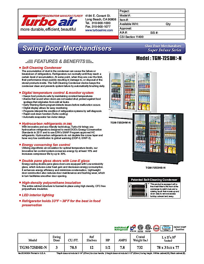 Turbo Air TGM-72SDHB-N 78" Black Super Deluxe Three Section Glass Door Merchandiser – (3) Left/Right Hinge Doors, 115v - Donut-Equipment.com