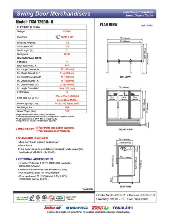 Turbo Air TGM-72SDH-N 78" White Super Deluxe Three Section Glass Door Merchandiser – (3) Left/Right Hinge Doors, Black, 115v - Bakery Wholesalers