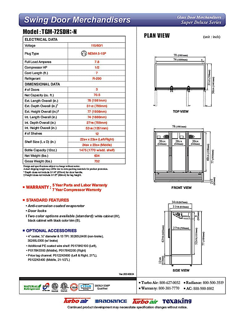Turbo Air TGM-72SDHB-N 78" Black Super Deluxe Three Section Glass Door Merchandiser – (3) Left/Right Hinge Doors, 115v - Donut-Equipment.com