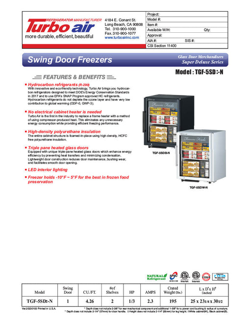 Turbo Air TGF-5SDB-N 25" Black Super Deluxe Countertop Display Freezer – (1) Swing Door, LED Lighting, Front Access, 115v - Bakery Wholesalers