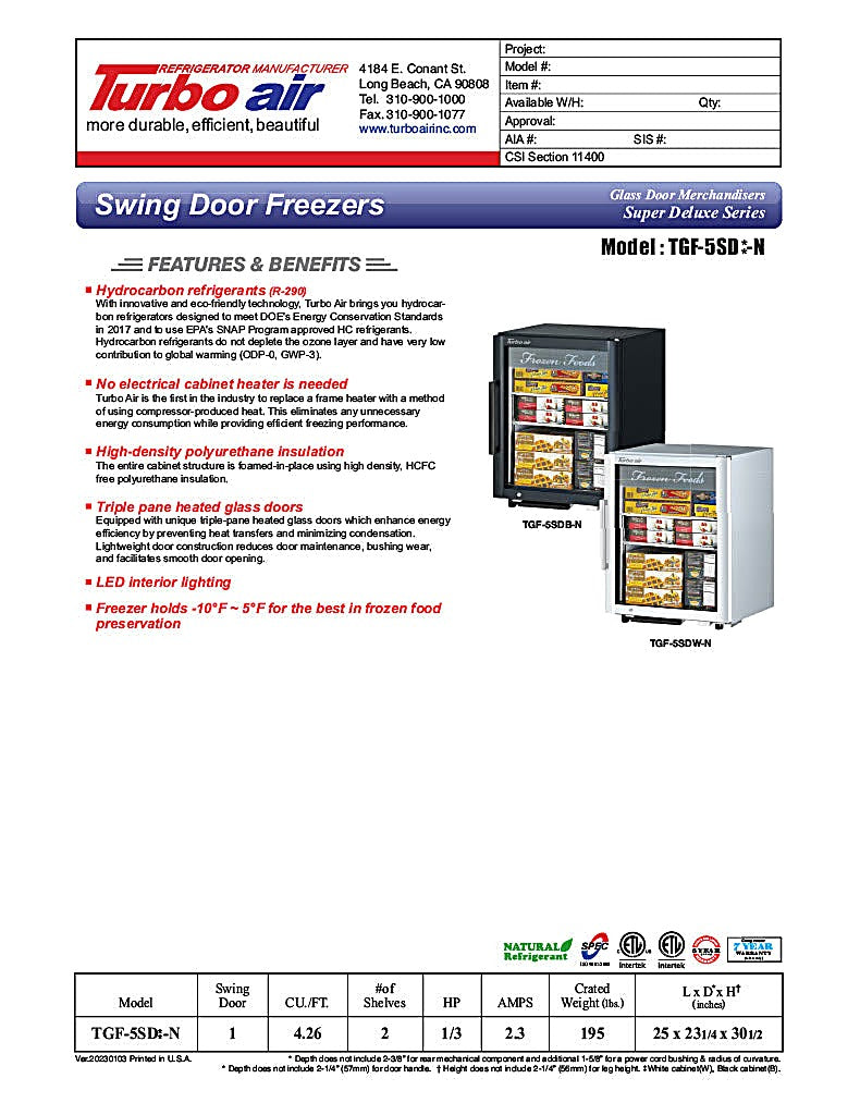Turbo Air TGF-5SD-N 25" White Super Deluxe Countertop Display Freezer – (1) Swing Door, LED Lighting, Front Access, 115v - Donut-Equipment.com