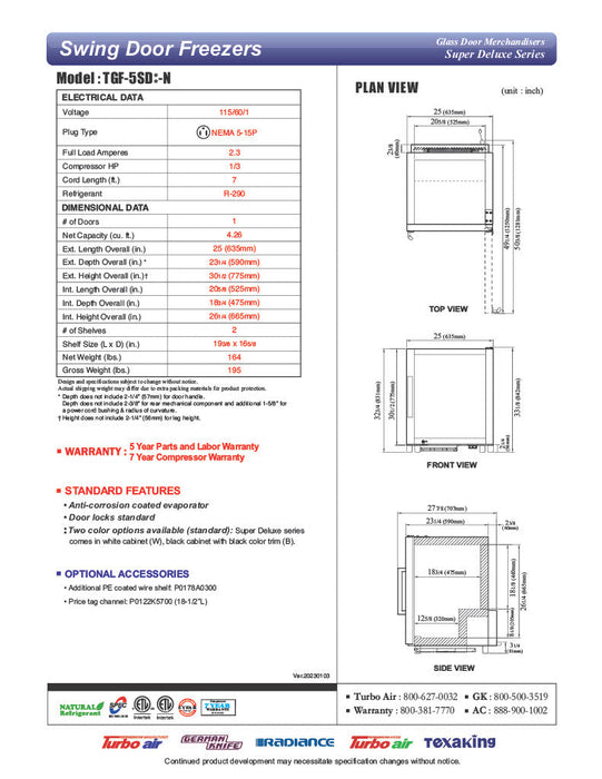 Turbo Air TGF-5SD-N 25" White Super Deluxe Countertop Display Freezer – (1) Swing Door, LED Lighting, Front Access, 115v - Bakery Wholesalers