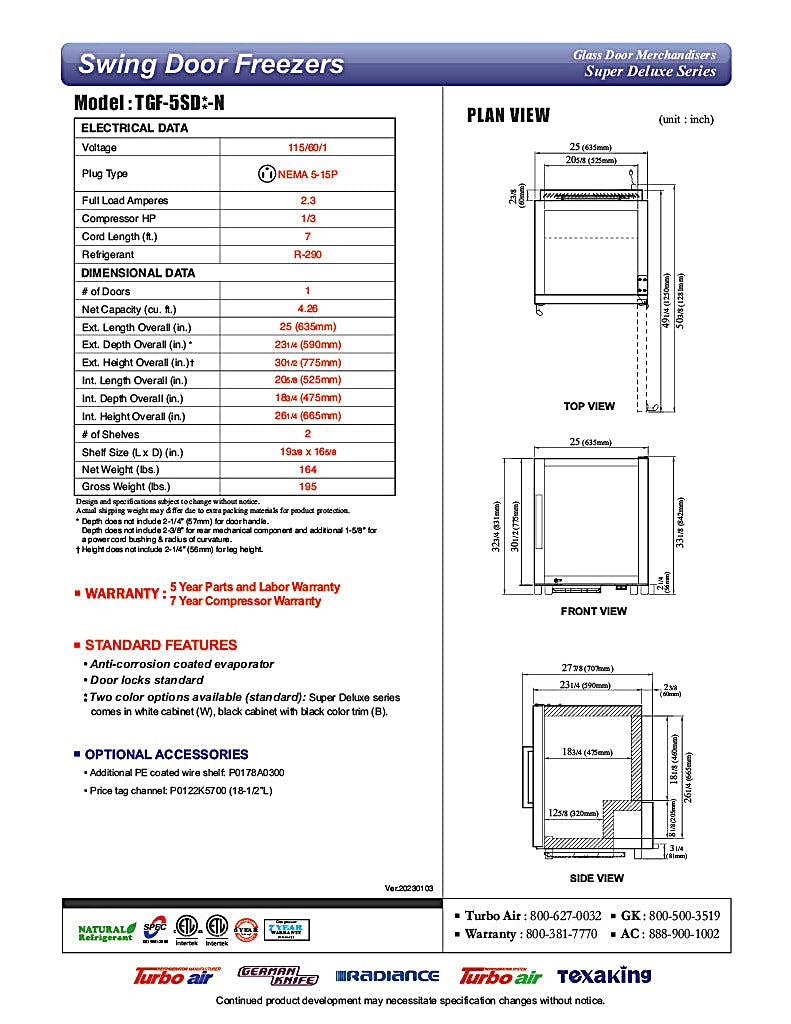 Turbo Air TGF-5SD-N 25" White Super Deluxe Countertop Display Freezer – (1) Swing Door, LED Lighting, Front Access, 115v - Donut-Equipment.com