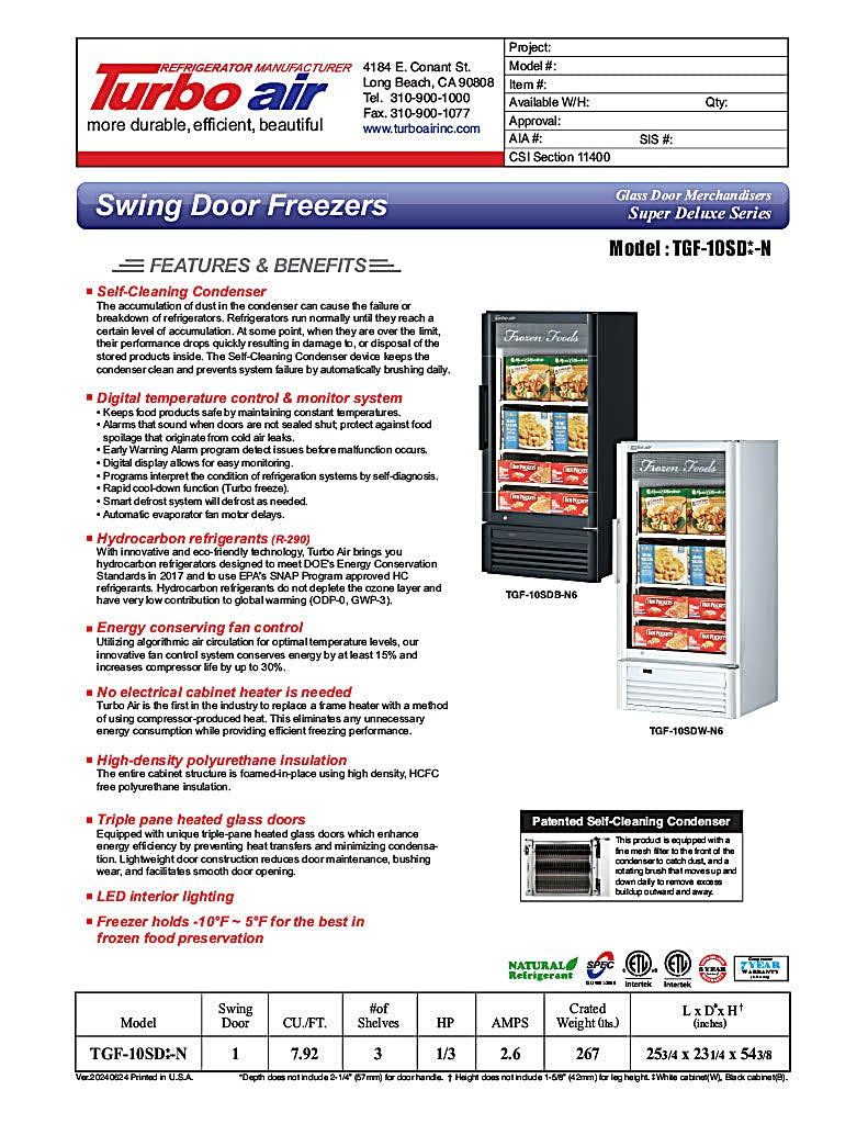 Turbo Air TGF-10SD-N 25 3/4" White Super Deluxe Countertop Display Freezer – (1) Swing Door, LED Interior Lighting, 115v - Donut-Equipment.com