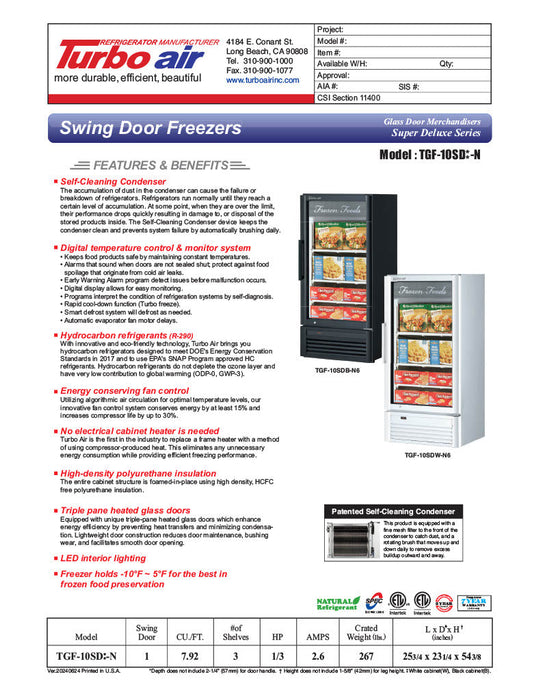 Turbo Air TGF-10SD-N 25 3/4" White Super Deluxe Countertop Display Freezer – (1) Swing Door, LED Interior Lighting, 115v - Bakery Wholesalers