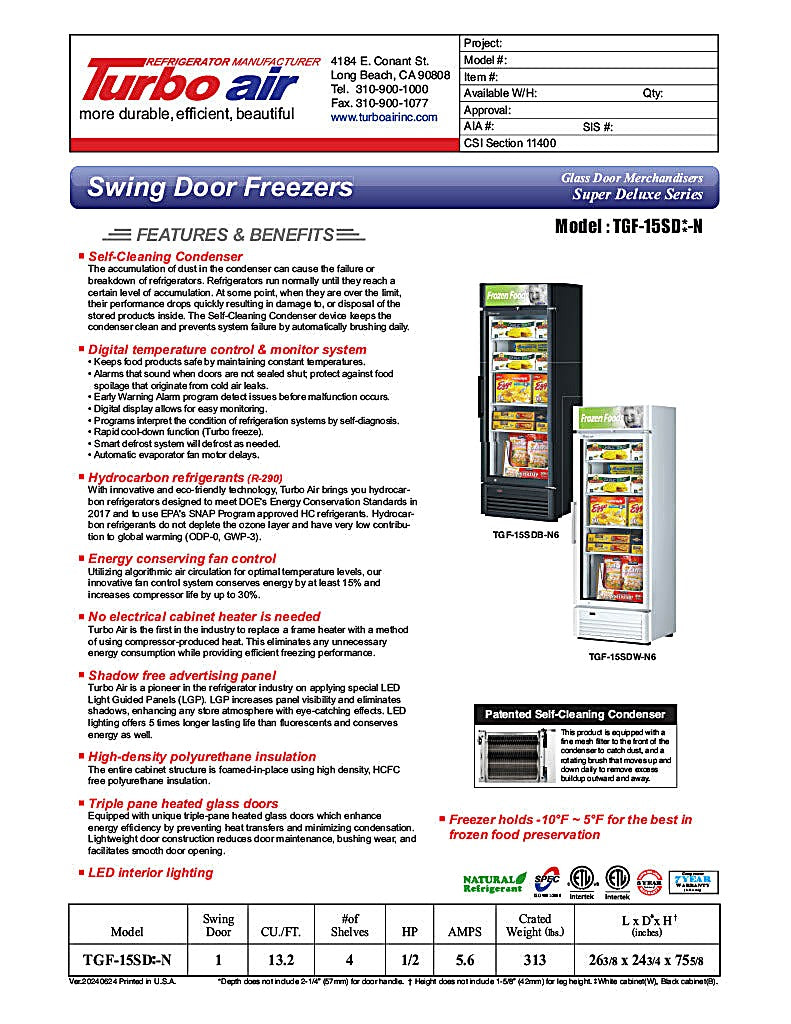 Turbo Air TGF-15SD-N 26 3/8" White Super Deluxe One Section Countertop Display Freezer – (1) Swing Door, LED Lighting, 115v - Donut-Equipment.com