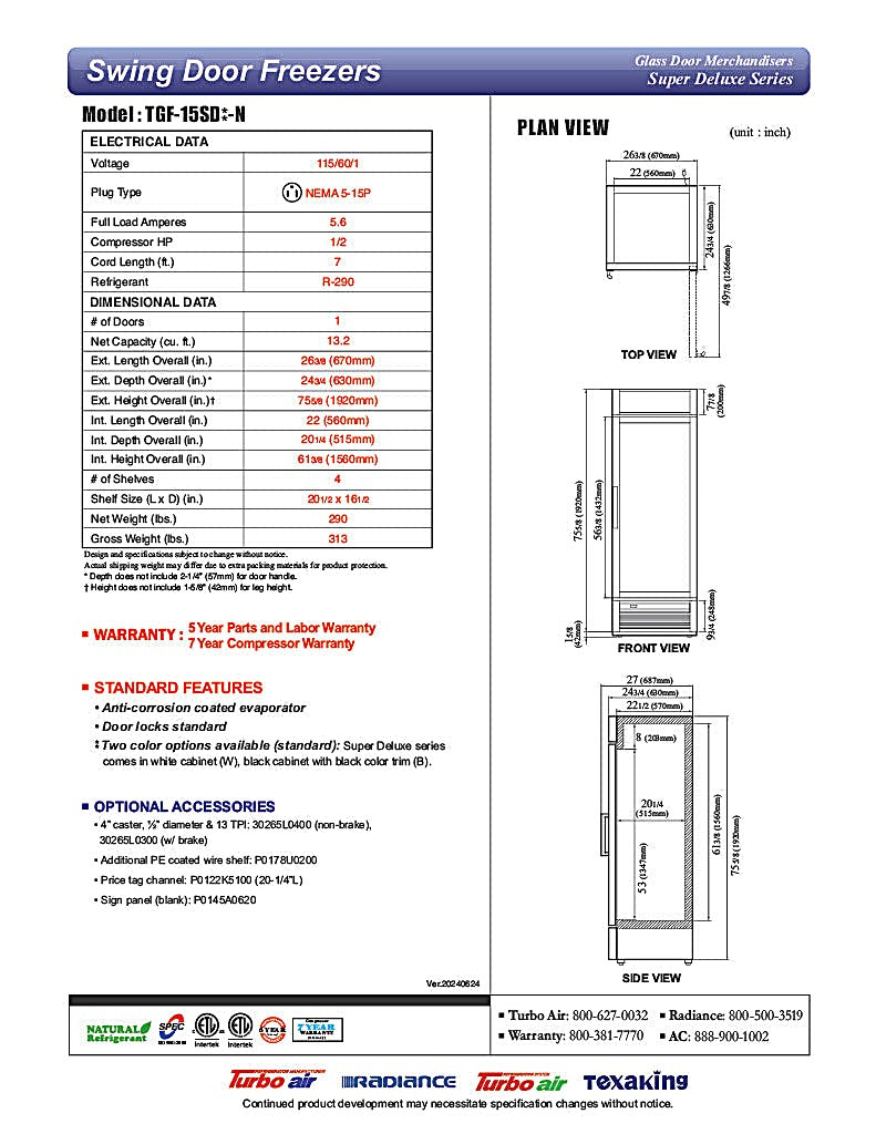 Turbo Air TGF-15SD-N 26 3/8" White Super Deluxe One Section Countertop Display Freezer – (1) Swing Door, LED Lighting, 115v - Donut-Equipment.com