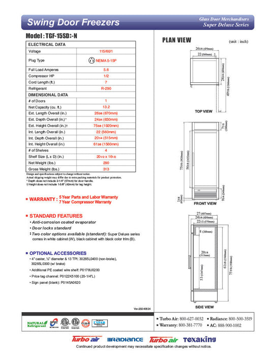 Turbo Air TGF-15SD-N 26 3/8" Super Deluxe One Section Countertop Display Freezer – (1) Swing Door, LED Lighting, 115v - Bakery Wholesalers