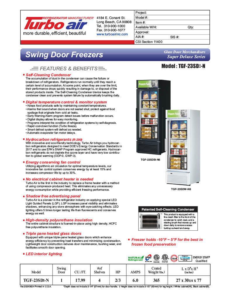 Turbo Air TGF-23SD-N 27" White Super Deluxe One Section Display Freezer – (1) Swing Door, LED Lighting, 115v - Donut-Equipment.com