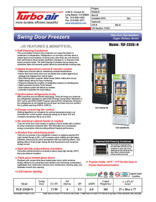 Turbo Air TGF-23SD-N 27" White Super Deluxe One Section Display Freezer – (1) Swing Door, LED Lighting, 115v - Bakery Wholesalers