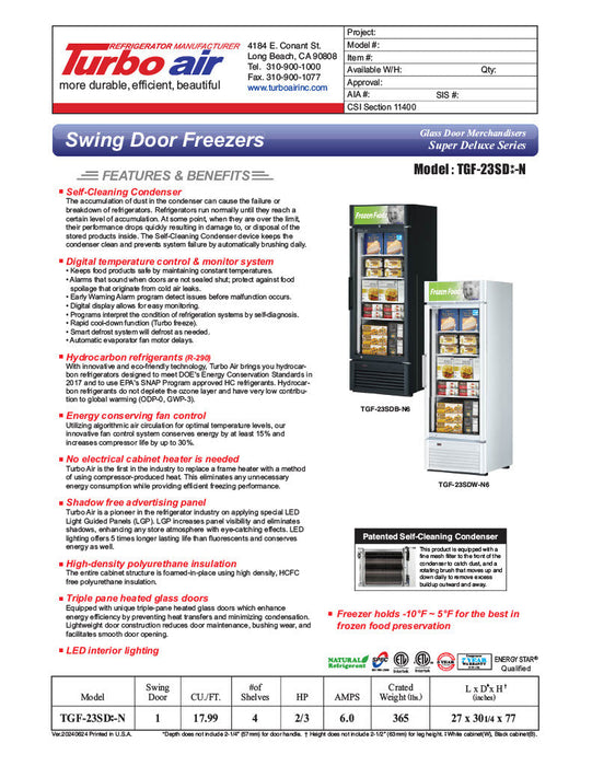 Turbo Air TGF-23SD-N 27" White Super Deluxe One Section Display Freezer – (1) Swing Door, LED Lighting, 115v - Bakery Wholesalers