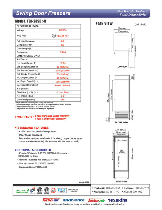 Turbo Air TGF-23SD-N 27" White Super Deluxe One Section Display Freezer – (1) Swing Door, LED Lighting, 115v - Bakery Wholesalers