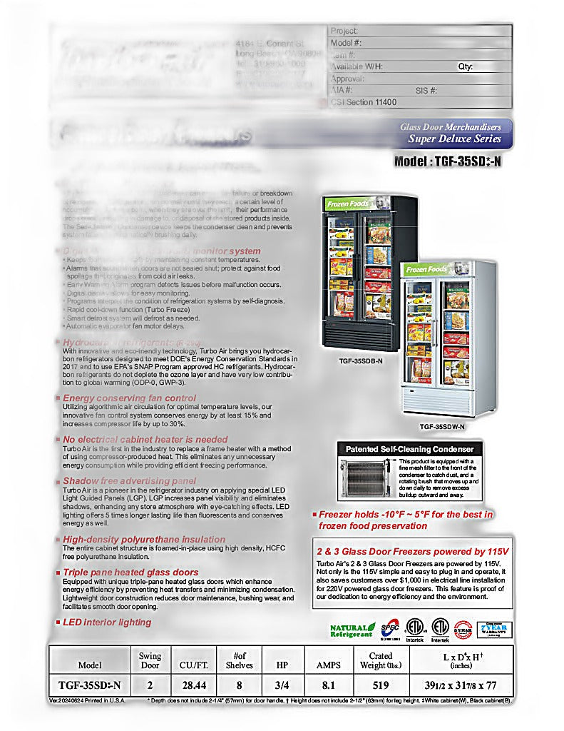 Turbo Air TGF-35SD-N 39 1/2" White Super Deluxe Two Section Display Freezer – (2) Swing Doors, LED Lighting, 115v - Donut-Equipment.com