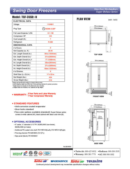 Turbo Air TGF-35SD-N 39 1/2" White Super Deluxe Two Section Display Freezer – (2) Swing Doors, LED Lighting, 115v - Bakery Wholesalers