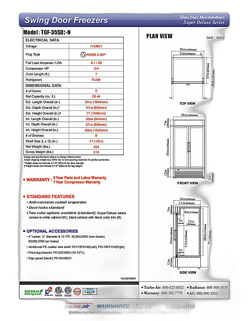 Turbo Air TGF-35SD-N 39 1/2" White Super Deluxe Two Section Display Freezer – (2) Swing Doors, LED Lighting, 115v - Donut-Equipment.com