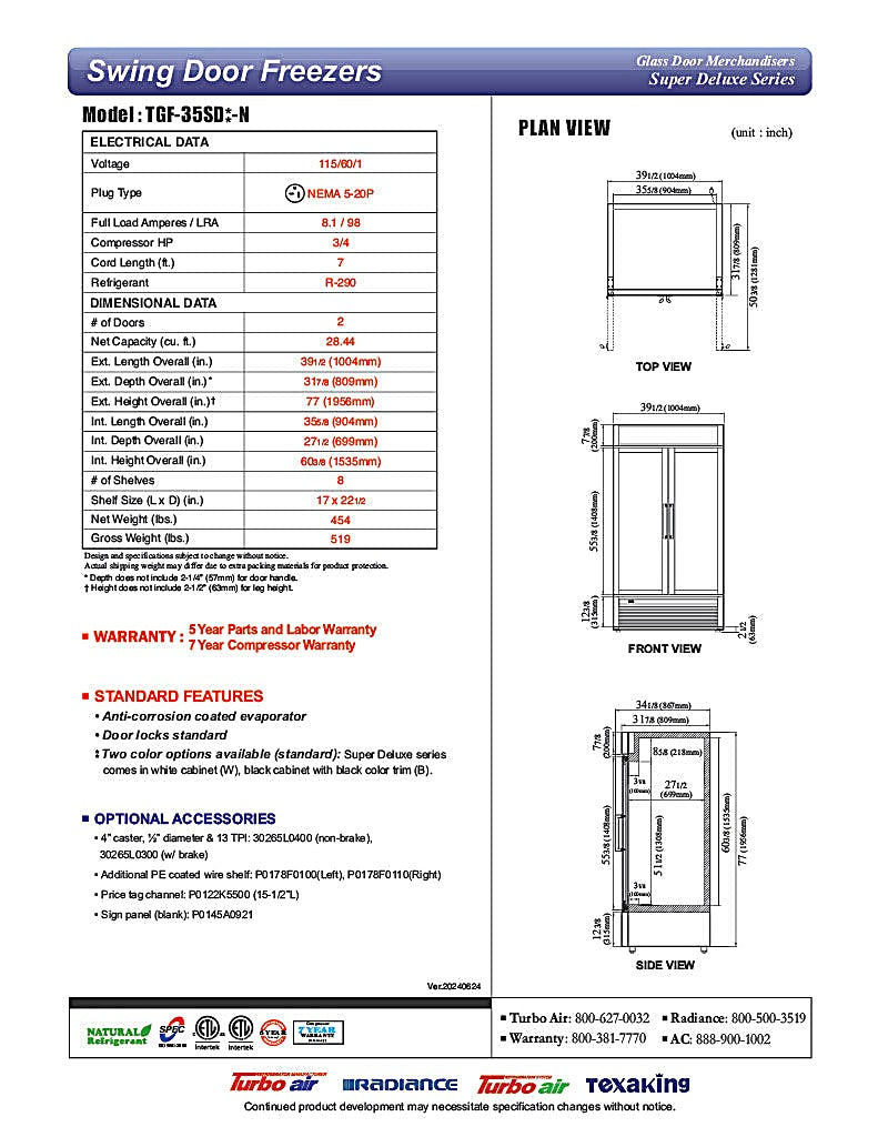 Turbo Air TGF-35SD-N 39 1/2" White Super Deluxe Two Section Display Freezer – (2) Swing Doors, LED Lighting, 115v - Donut-Equipment.com