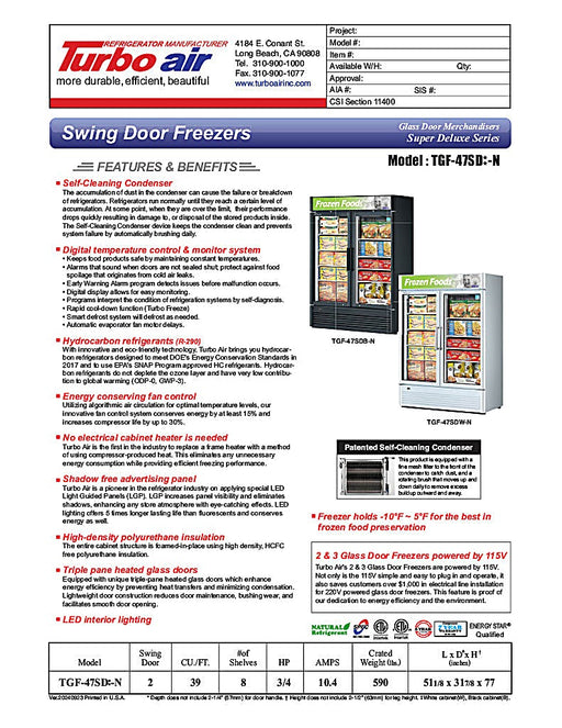 Turbo Air TGF-47SD-N 51 1/8" White Super Deluxe Two Section Display Freezer – (2) Swing Doors, LED Interior, 115v - Donut-Equipment.com
