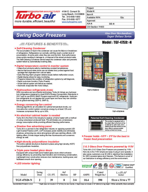 Turbo Air TGF-47SDB-N 51 1/8" Black Super Deluxe Two Section Display Freezer – (2) Swing Doors, LED Interior, 115v - Bakery Wholesalers