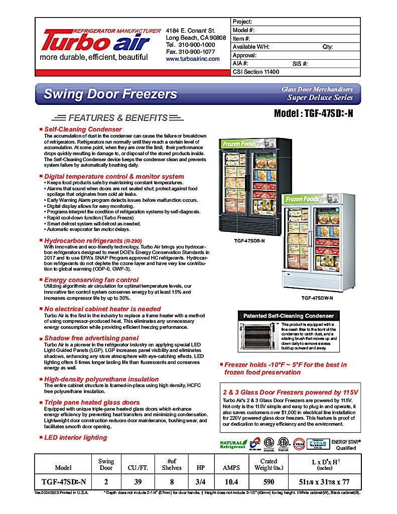 Turbo Air TGF-47SD-N 51 1/8" White Super Deluxe Two Section Display Freezer – (2) Swing Doors, LED Interior, 115v - Donut-Equipment.com