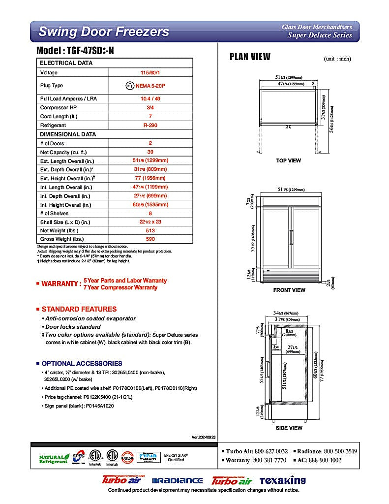 Turbo Air TGF-47SD-N 51 1/8" White Super Deluxe Two Section Display Freezer – (2) Swing Doors, LED Interior, 115v - Donut-Equipment.com
