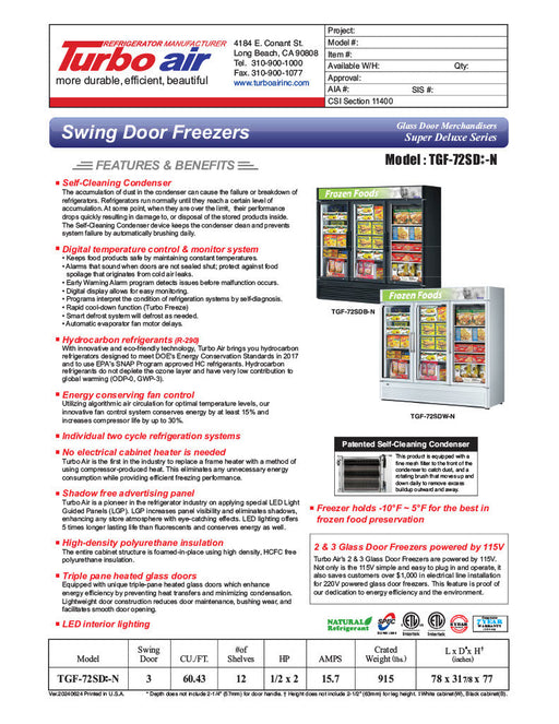 Turbo Air TGF-72SDB-N 78" Black Super Deluxe Three Section Display Freezer – (3) Swing Doors, LED Lighting, 115v - Bakery Wholesalers