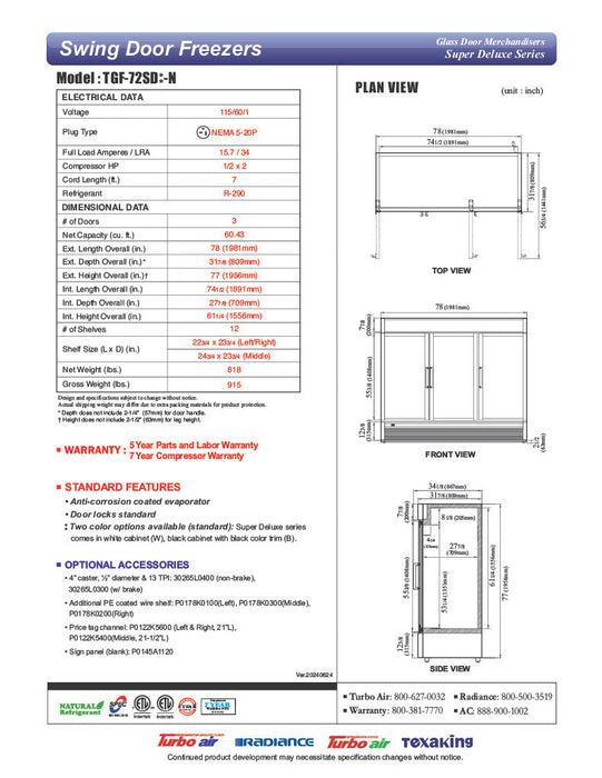 Turbo Air TGF-72SD-N-B 78" White Super Deluxe Three Section Display Freezer – (3) Swing Doors, LED Lighting, 115v - Bakery Wholesalers