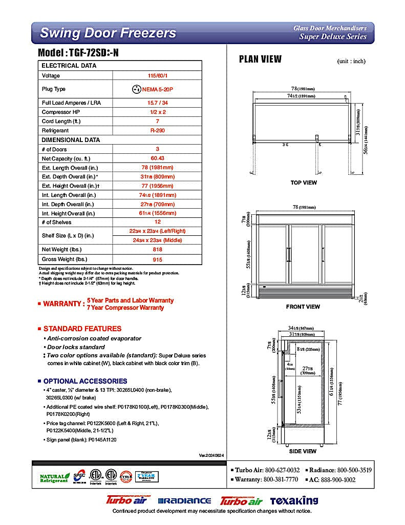Turbo Air TGF-72SD-N-B 78" White Super Deluxe Three Section Display Freezer – (3) Swing Doors, LED Lighting, 115v - Donut-Equipment.com