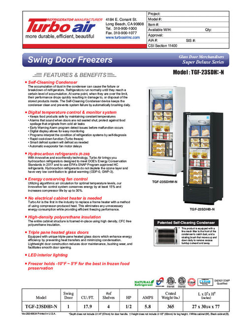 Turbo Air TGF-23SDHB-N 27" Black Super Deluxe One Section Glass Door Display Freezer – Hinged Door, LED Lighting, 115v - Bakery Wholesalers