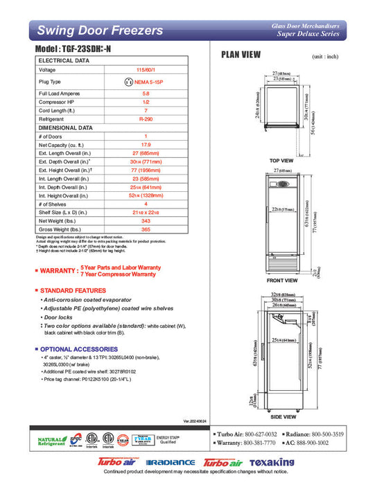 Turbo Air TGF-23SDH-N 27" White Super Deluxe One Section Glass Door Display Freezer – Hinged Door, LED Lighting, 115v - Bakery Wholesalers
