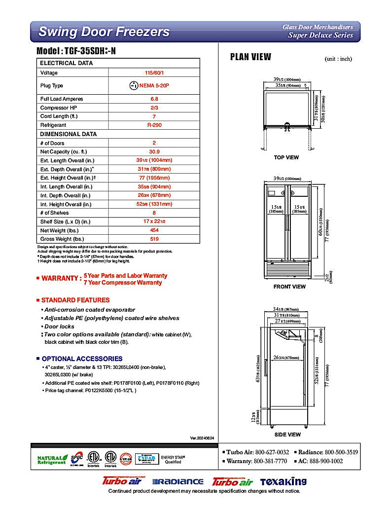 Turbo Air TGF-35SDH-N 39 1/2" White Super Deluxe Two Section Display Freezer w/ Swing Doors – Bottom Mount Compressor, LED Lighting, 115v - Donut-Equipment.com