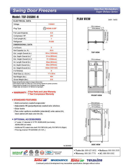 Turbo Air TGF-35SDH-N 39 1/2" White Super Deluxe Two Section Display Freezer w/ Swing Doors – Bottom Mount Compressor, LED Lighting, 115v - Bakery Wholesalers